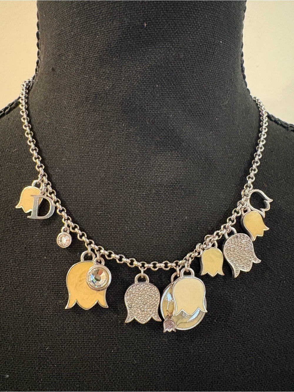 Dior Silver Tone Necklace with Yellow Enamel and Crystal Charms